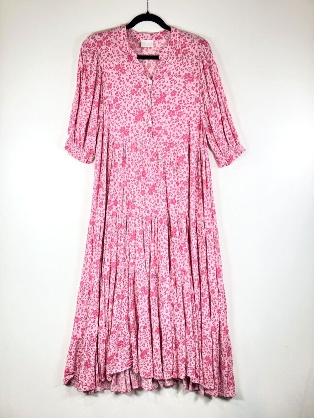Karlie Womens Dress Pink Floral Ditsy Midi Tiered A Line Cottagecore Boho Small